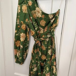 Green Floral One-Shoulder Tie-Waist Dress